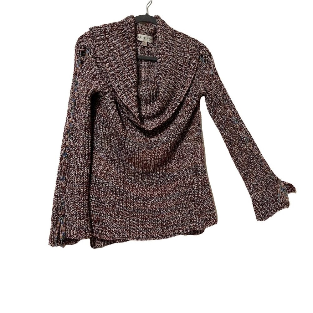 Knox Rose size L maroon variegated shawl collar lace up arms bell LS sweater - Picture 2 of 11